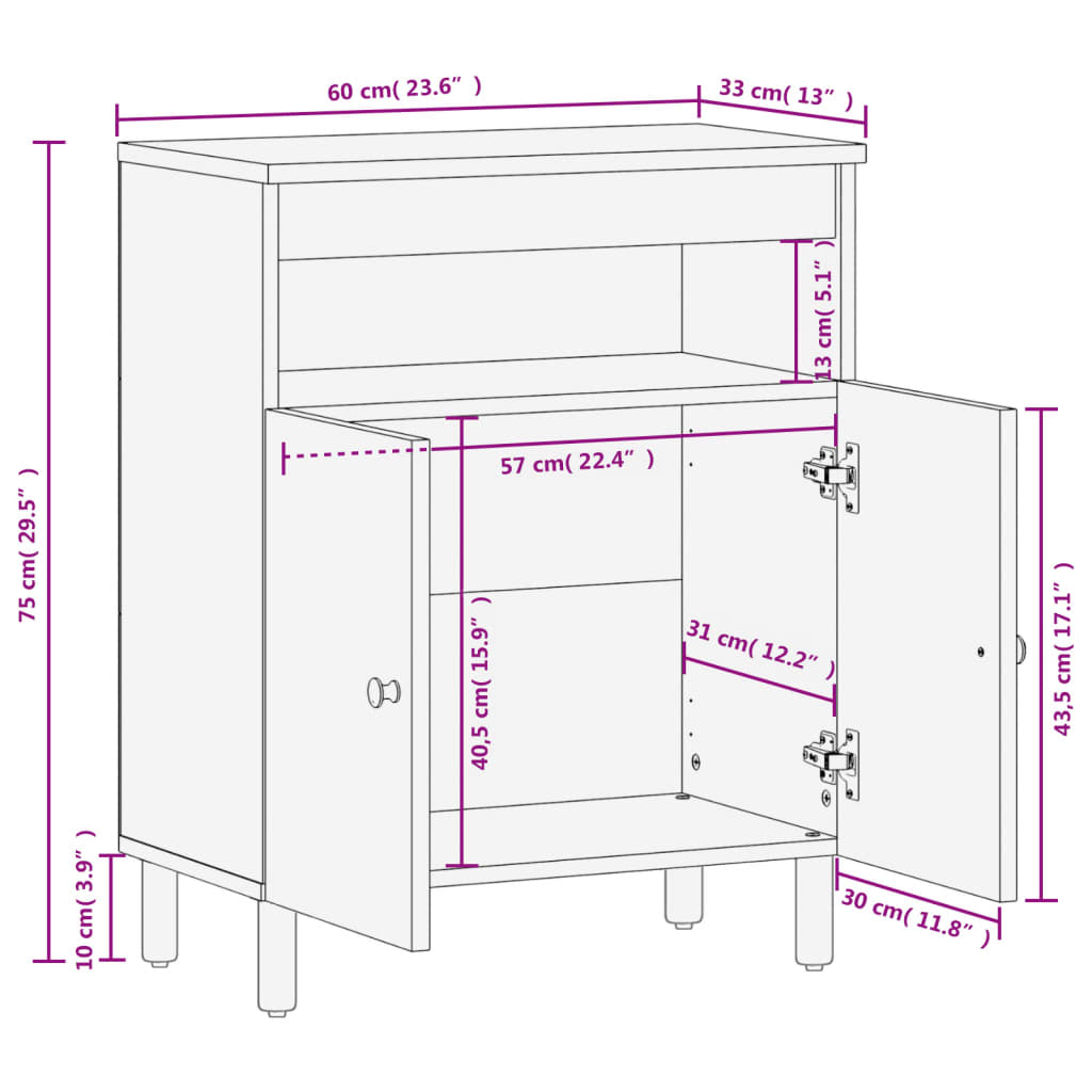 skab 60x33x75 cm massivt mangotræ sort