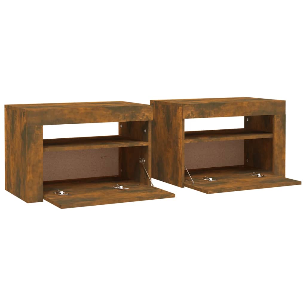 sengeborde med LED-lys 2 stk. 60x35x40 cm røget eg