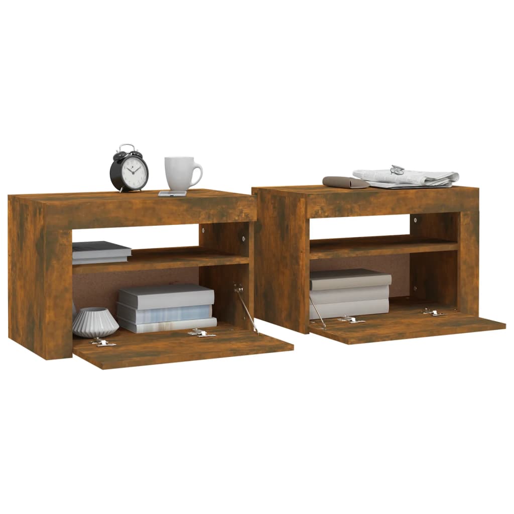 sengeborde med LED-lys 2 stk. 60x35x40 cm røget eg