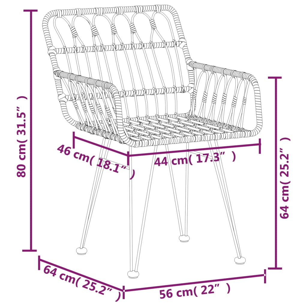 havestole 2 stk. med armlæn 56x64x80 cm polyrattan sort