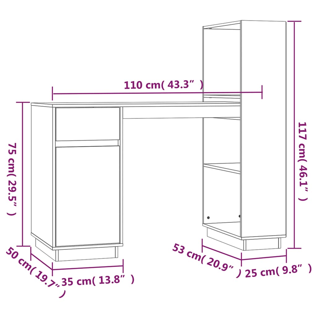 skrivebord 110x53x117 cm massivt fyrretræ gyldenbrun