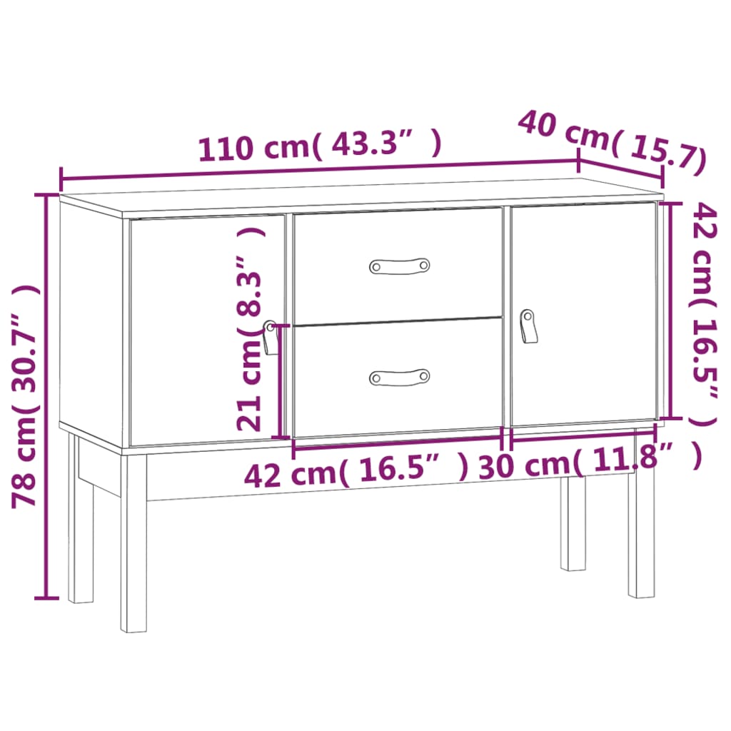 skænk 110x40x78 cm massivt fyrretræ hvid