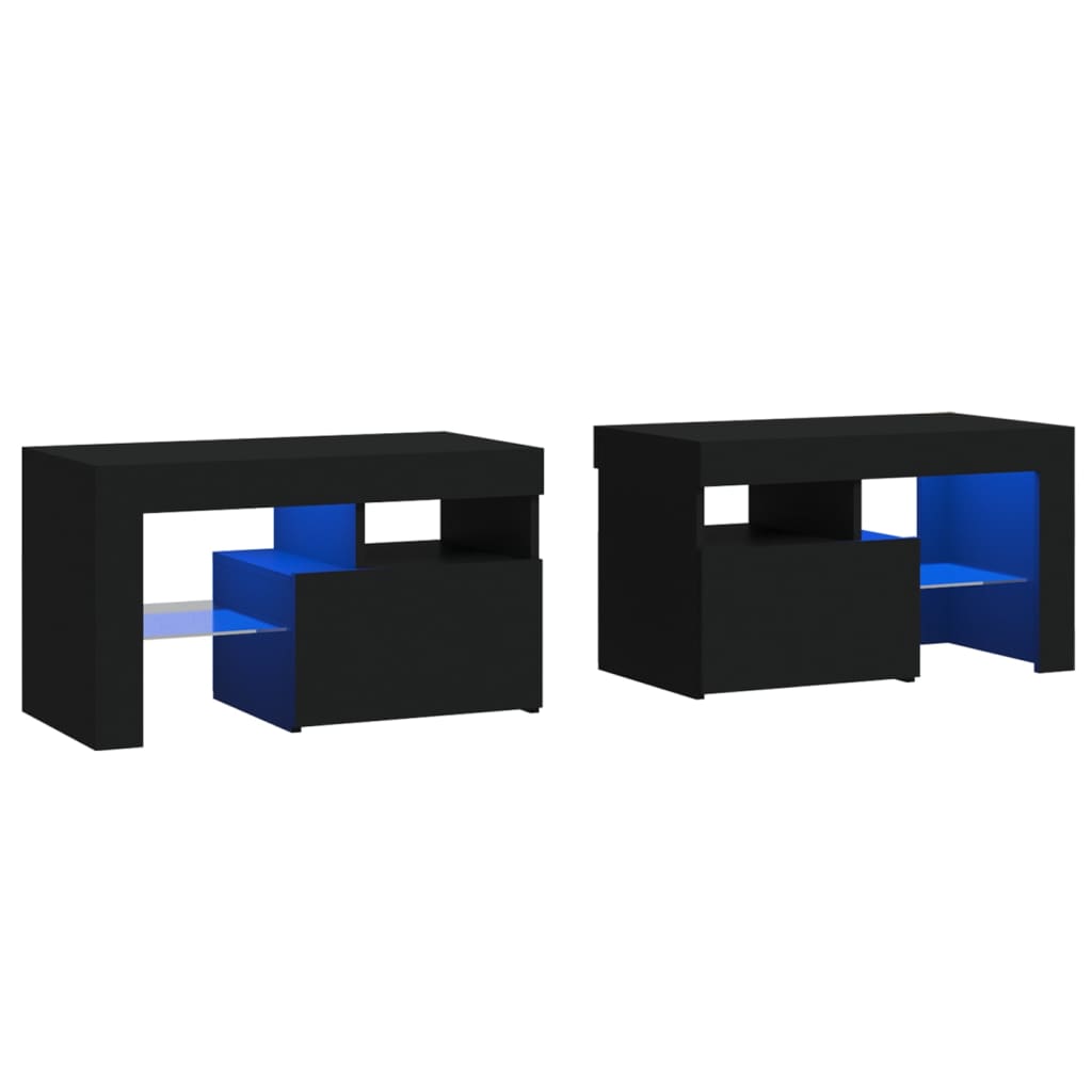 sengeborde 2 stk. med LED-lys 70x36,5x40 cm sort