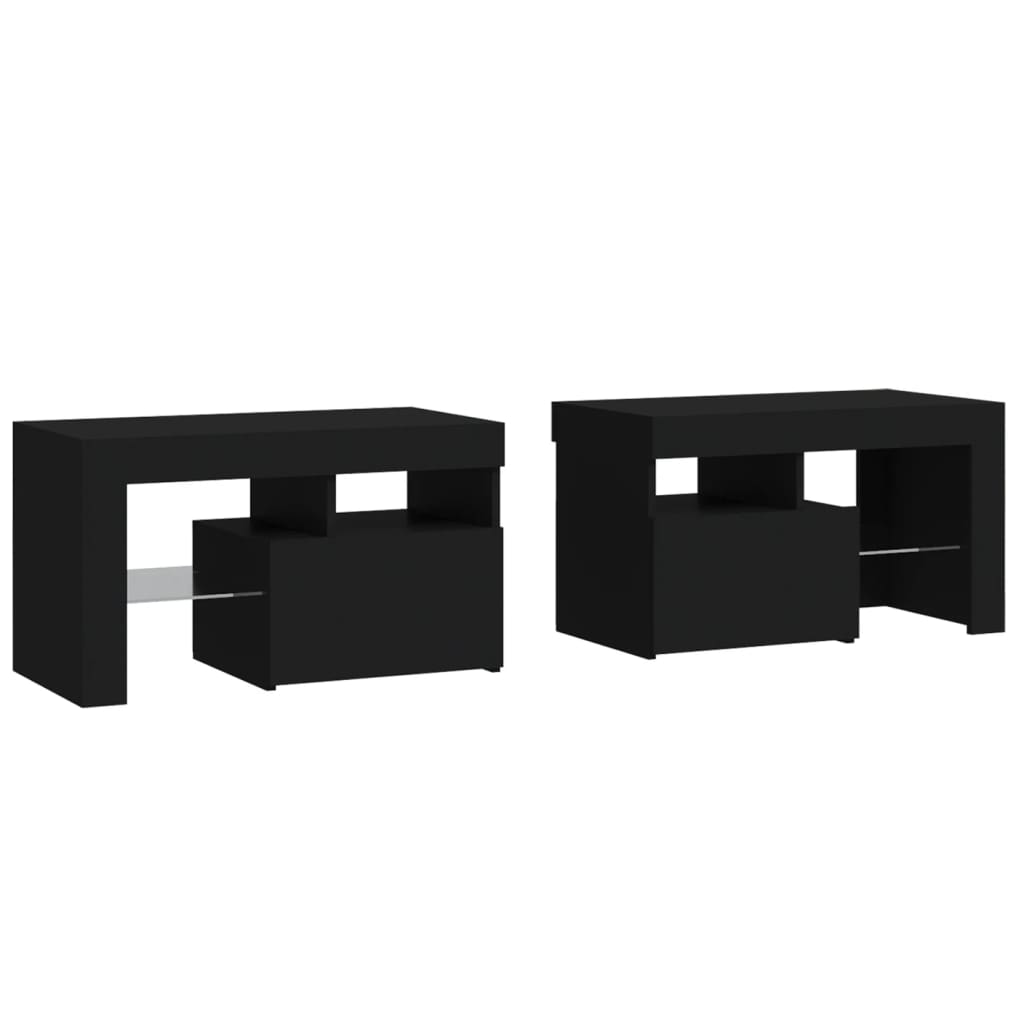 sengeborde 2 stk. med LED-lys 70x36,5x40 cm sort