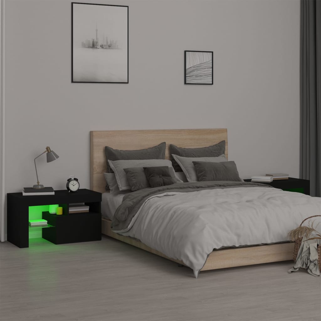 sengeborde 2 stk. med LED-lys 70x36,5x40 cm sort