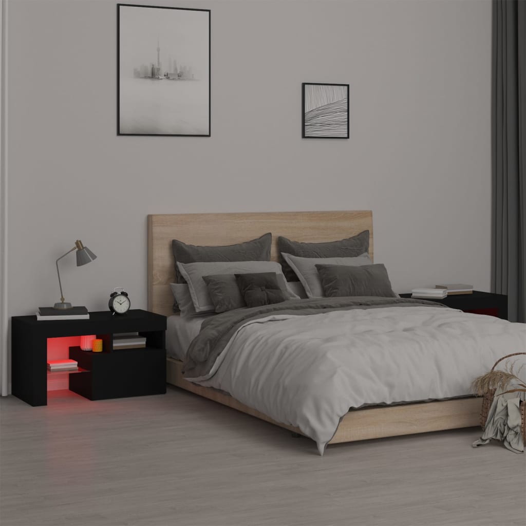 sengeborde 2 stk. med LED-lys 70x36,5x40 cm sort