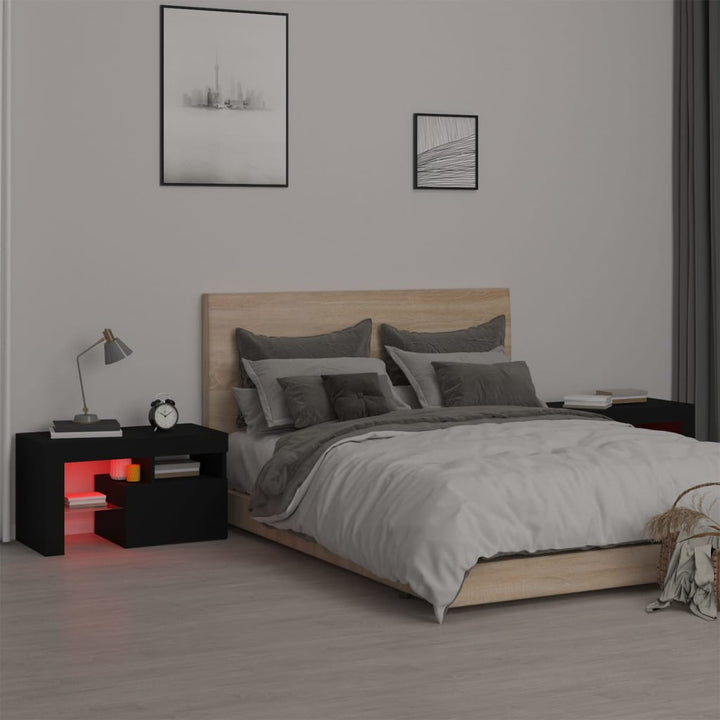 sengeborde 2 stk. med LED-lys 70x36,5x40 cm sort