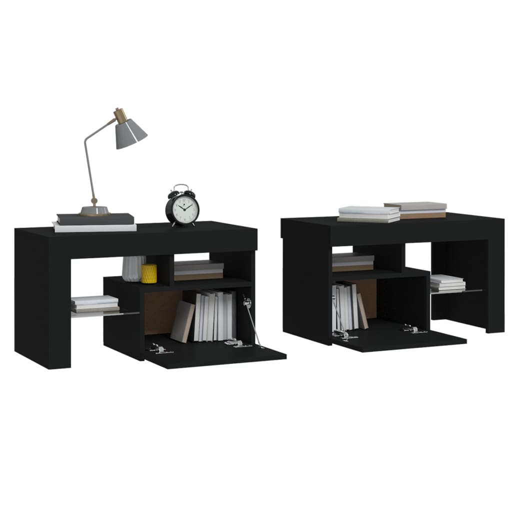 sengeborde 2 stk. med LED-lys 70x36,5x40 cm sort