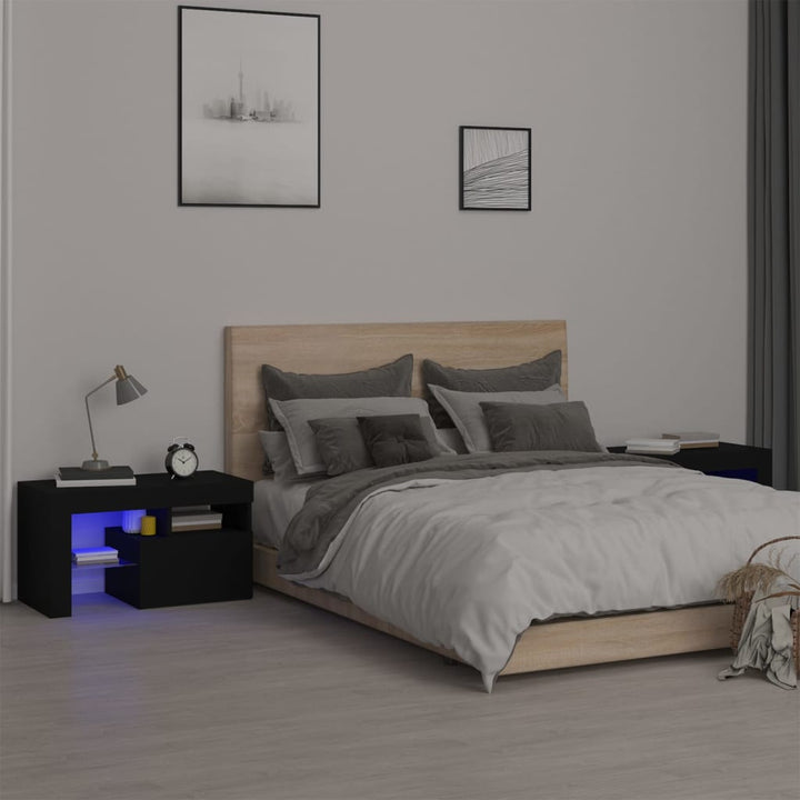 sengeborde 2 stk. med LED-lys 70x36,5x40 cm sort