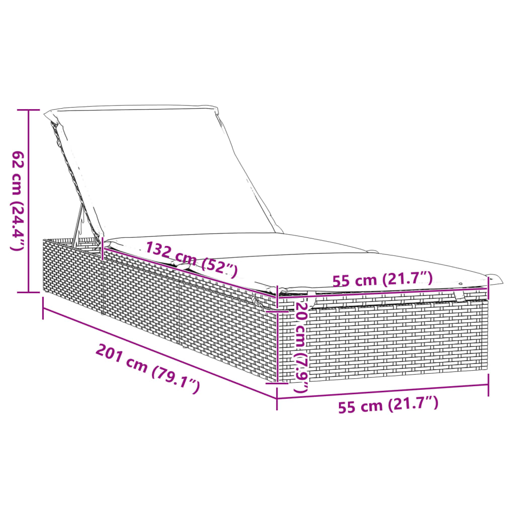 liggestol 1 stk. med hynde 201x55x62 cm polyrattan grå