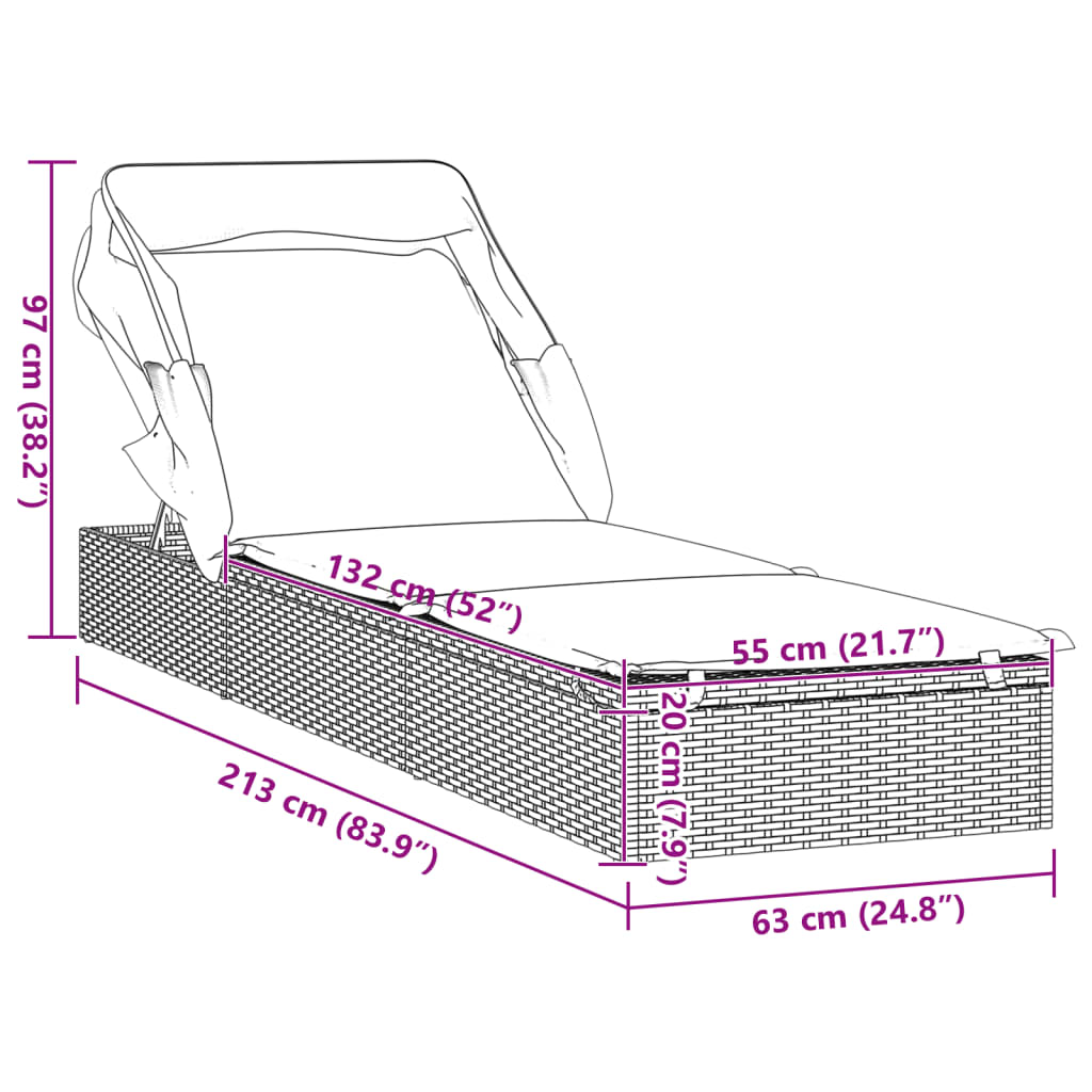 liggestol med foldbart tag 213x63x97 cm polyrattan brun
