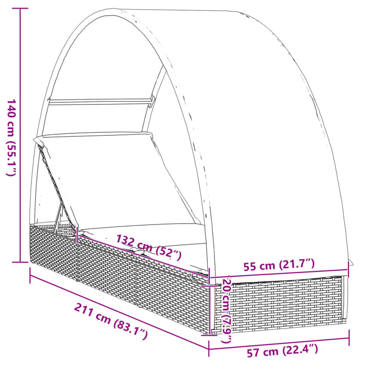 liggestol med rundt tag 211x57x140 cm polyrattan grå
