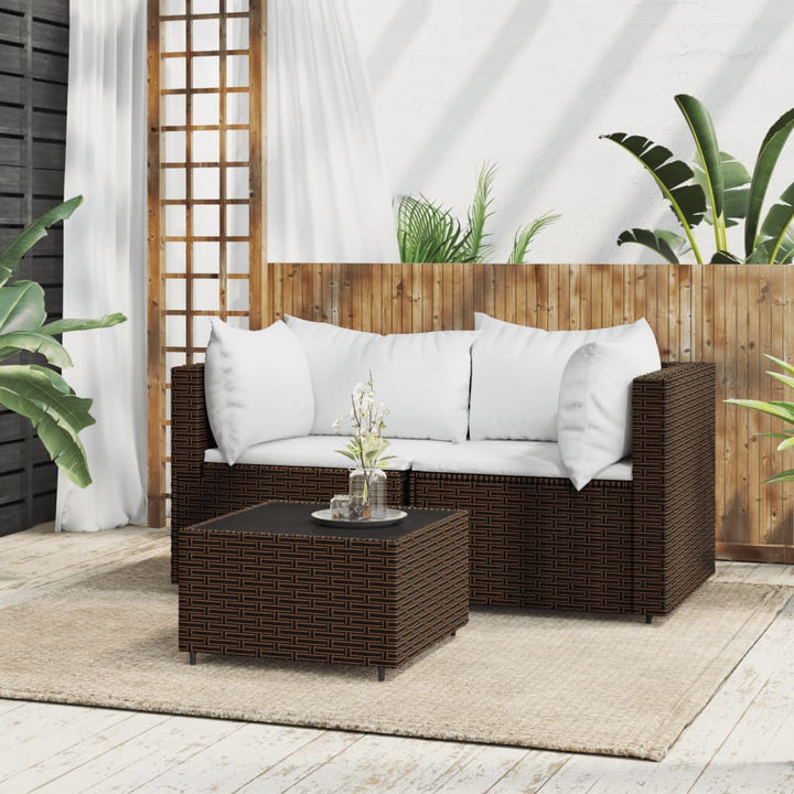 loungesæt til haven 3 dele med hynder polyrattan brun