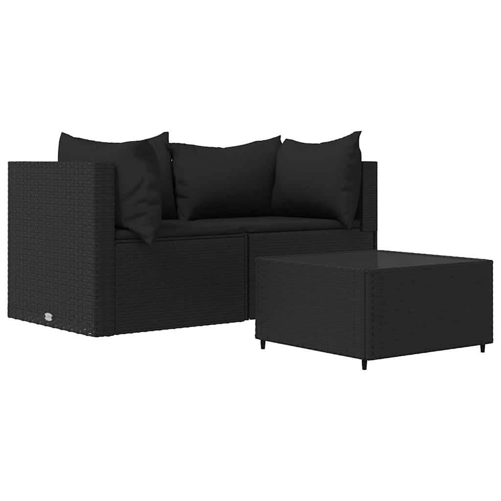 loungesæt til haven 3 dele med hynder polyrattan sort