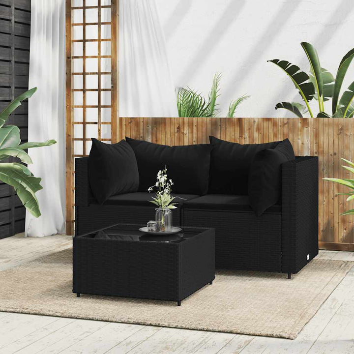 loungesæt til haven 3 dele med hynder polyrattan sort