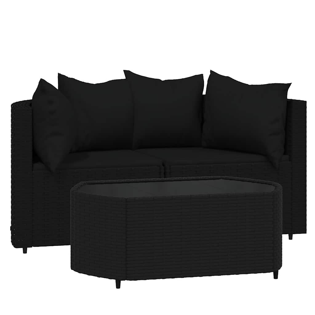loungesæt til haven 3 dele med hynder polyrattan sort