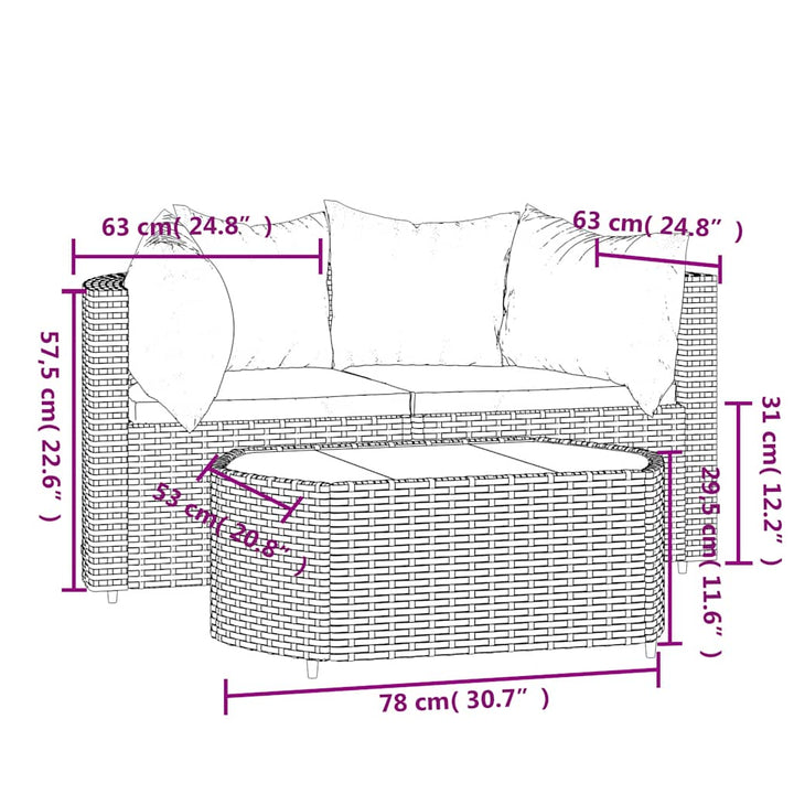 loungesæt til haven 3 dele med hynder polyrattan sort
