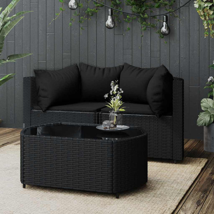 loungesæt til haven 3 dele med hynder polyrattan sort