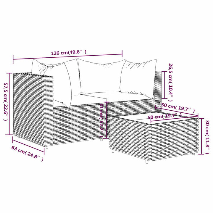 loungesæt til haven 3 dele med hynder polyrattan sort
