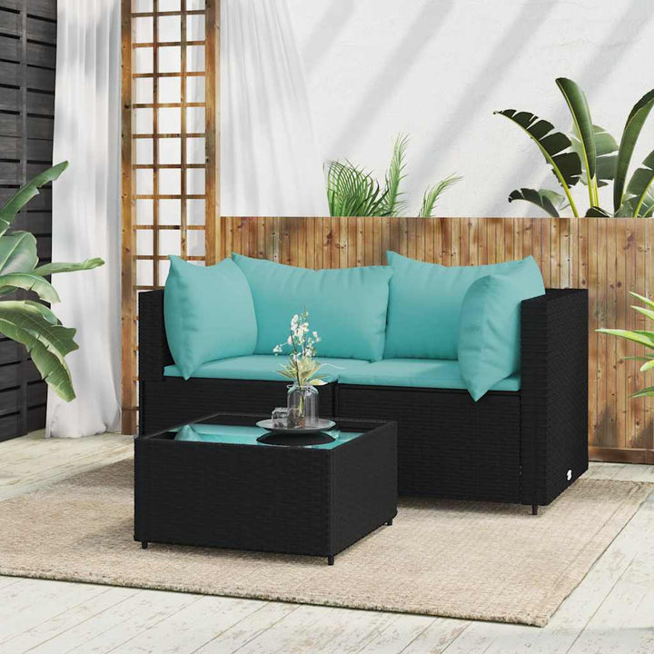 loungesæt til haven 3 dele med hynder polyrattan sort