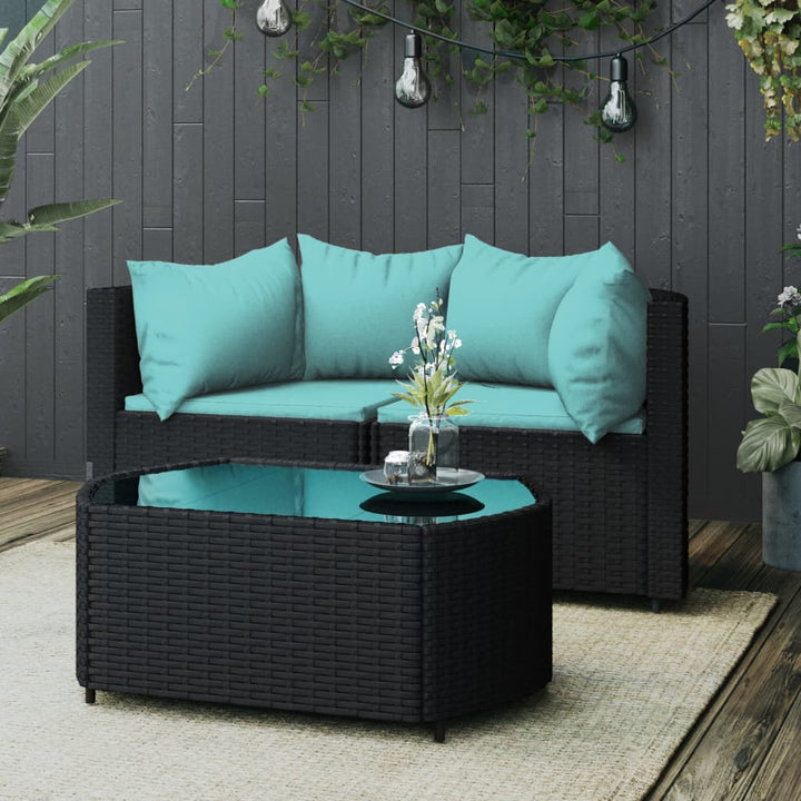 loungesæt til haven 3 dele med hynder polyrattan sort