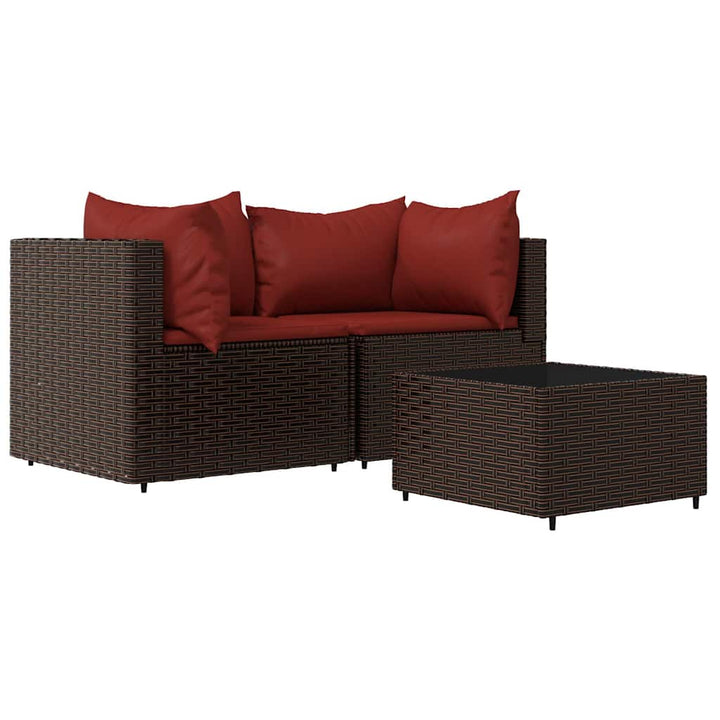 loungesæt til haven 3 dele med hynder polyrattan brun