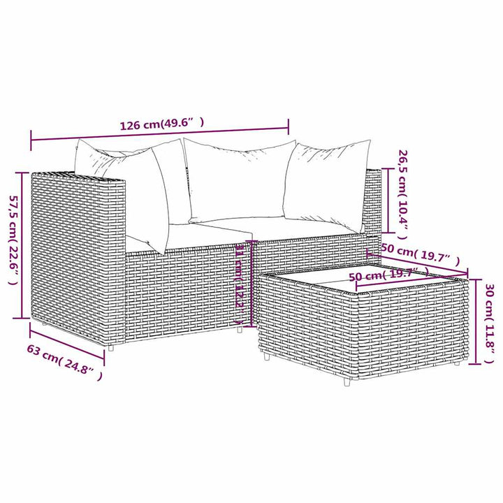loungesæt til haven 3 dele med hynder polyrattan brun