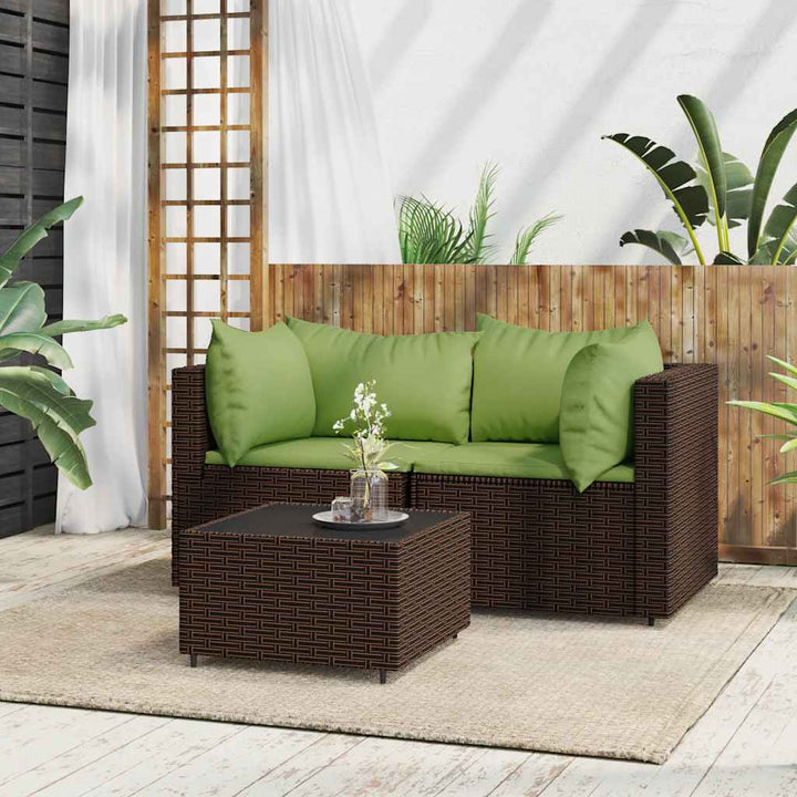 loungesæt til haven 3 dele med hynder polyrattan brun