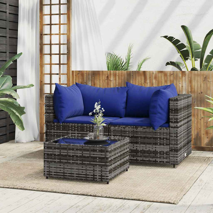 loungesæt til haven 3 dele med hynder polyrattan grå