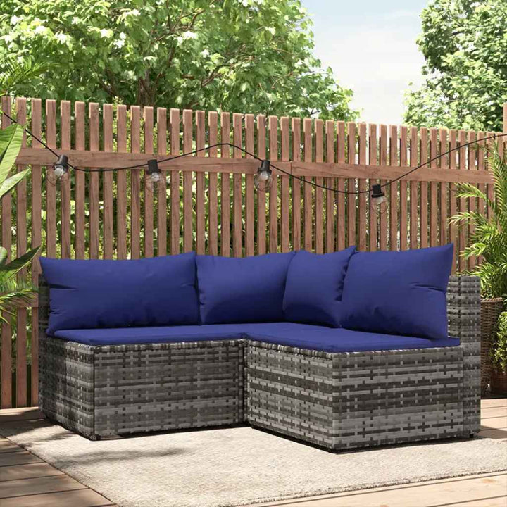 loungesæt til haven 3 dele med hynder polyrattan grå