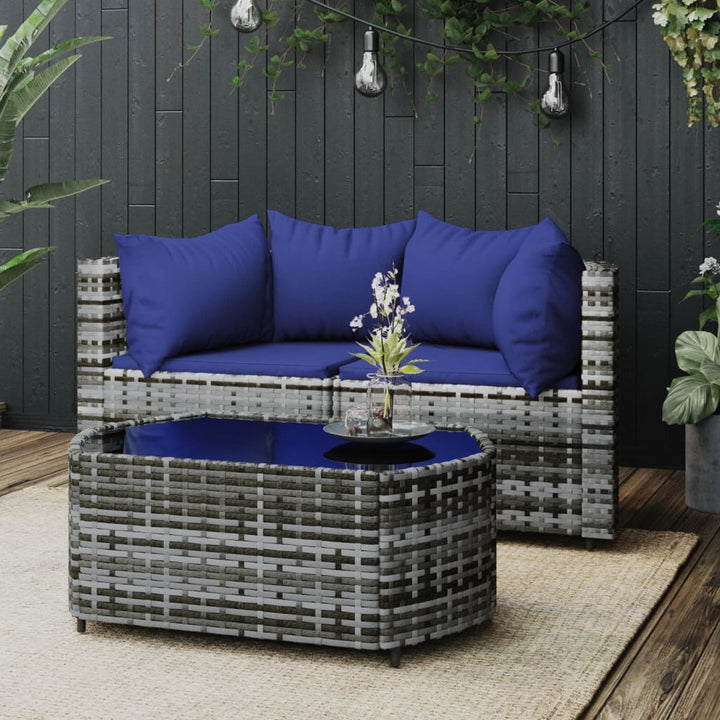 loungesæt til haven 3 dele med hynder polyrattan grå