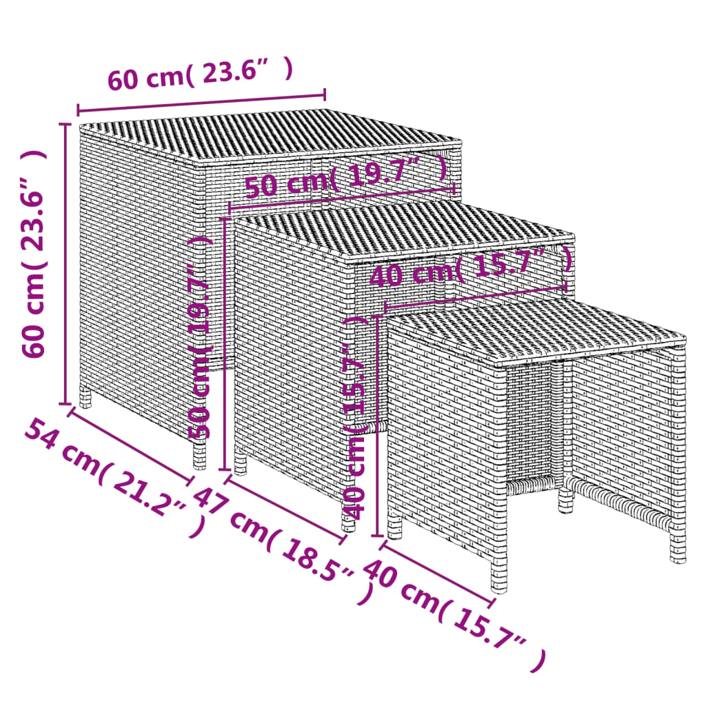 indskudsborde 3 stk. polyrattan brun