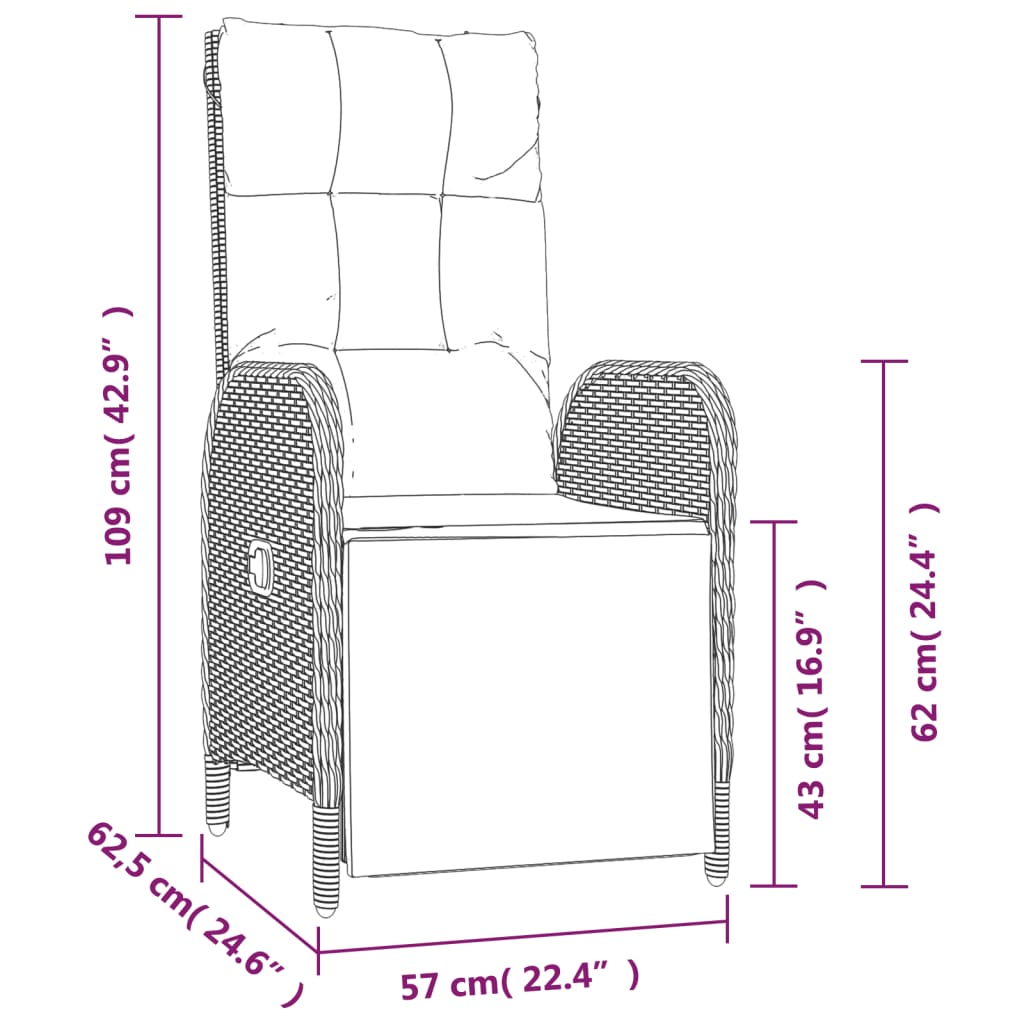havestole med lænefunktion og hynder 2 stk. polyrattan sort
