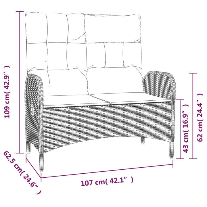havebænk med lænefunktion og hynder 107 cm polyrattan grå