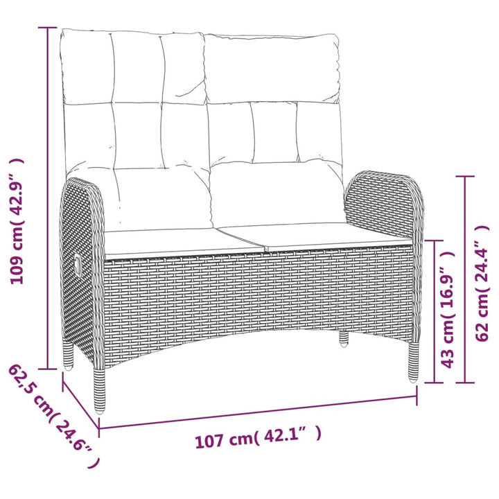 havebænk med lænefunktion og hynder 107 cm polyrattan sort
