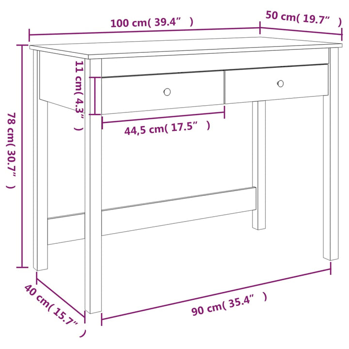 skrivebord med skuffer 100x50x78 cm massivt fyrretræ hvid