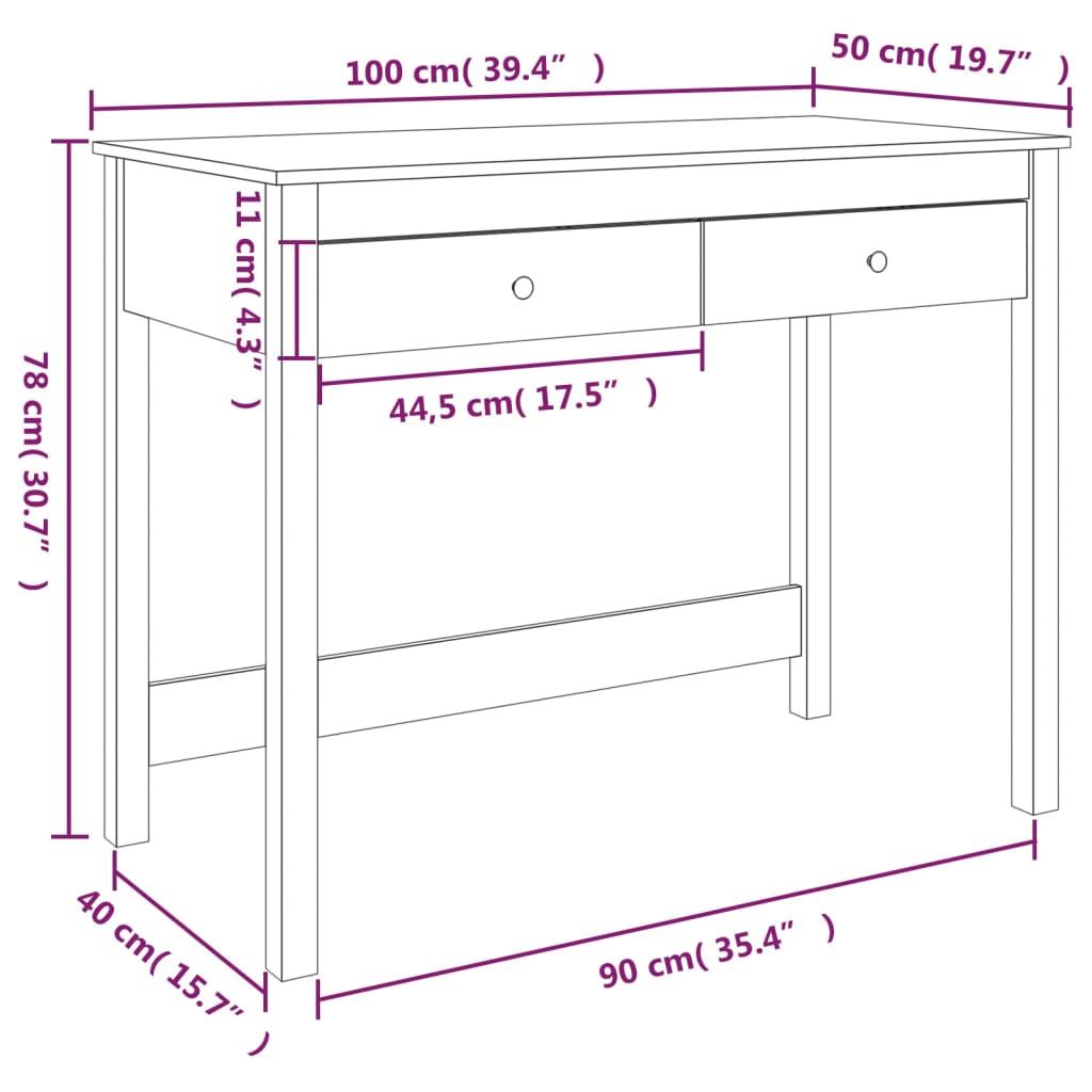skrivebord med skabe 100x50x78 cm massivt fyrretræ gyldenbrun
