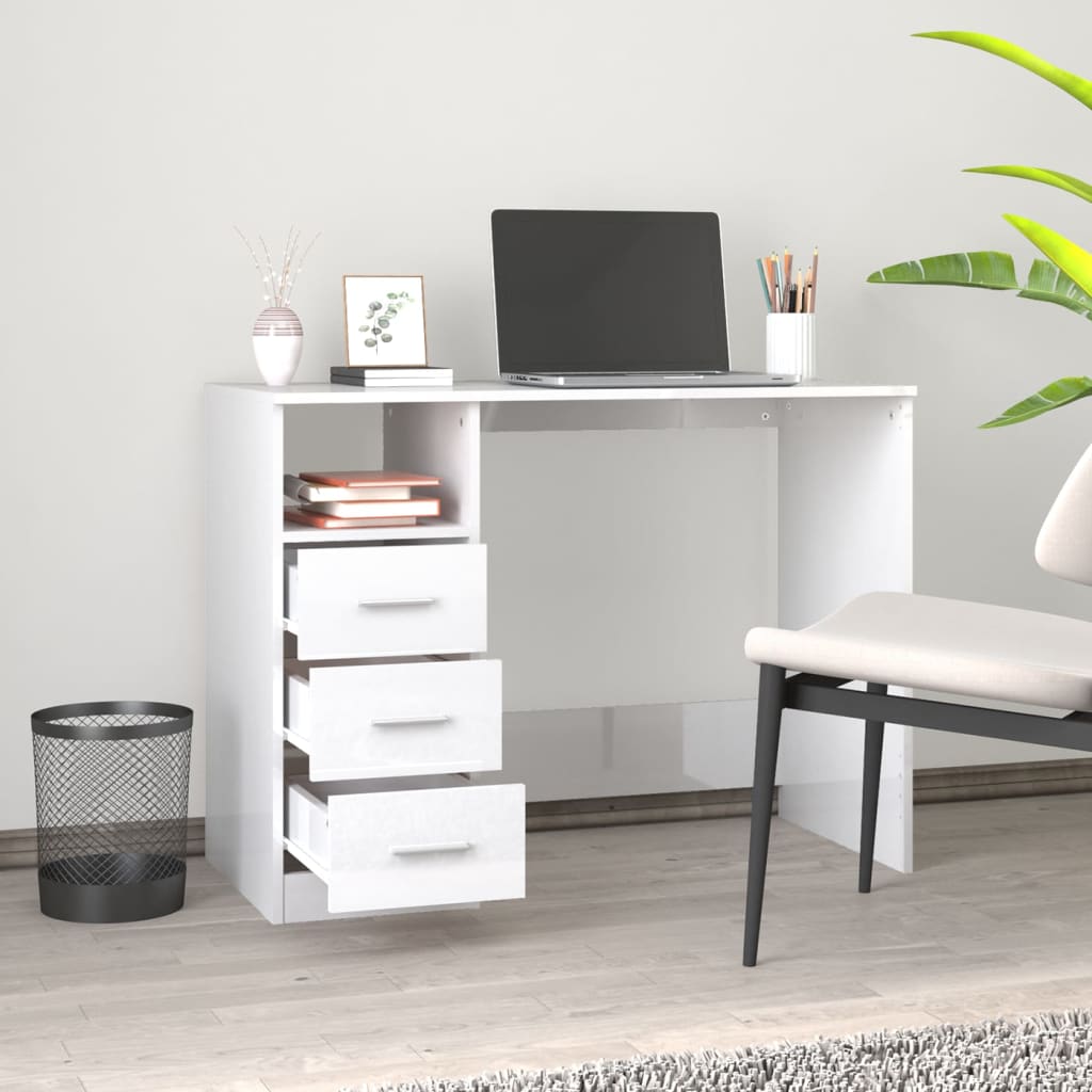 skrivebord m. skuffe 102x50x76 cm konstrueret træ hvid højglans