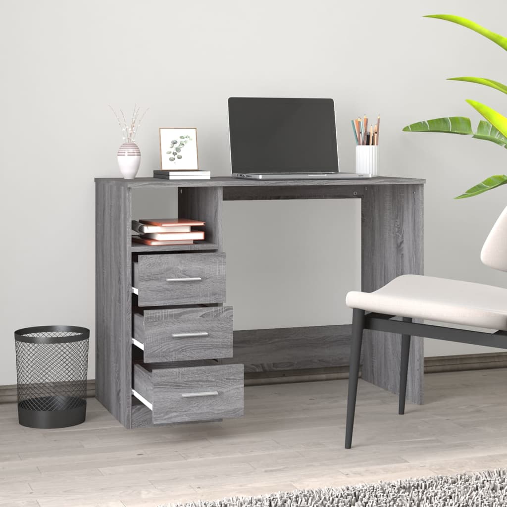 skrivebord m. skuffer 102x50x76cm konstrueret træ grå sonoma-eg