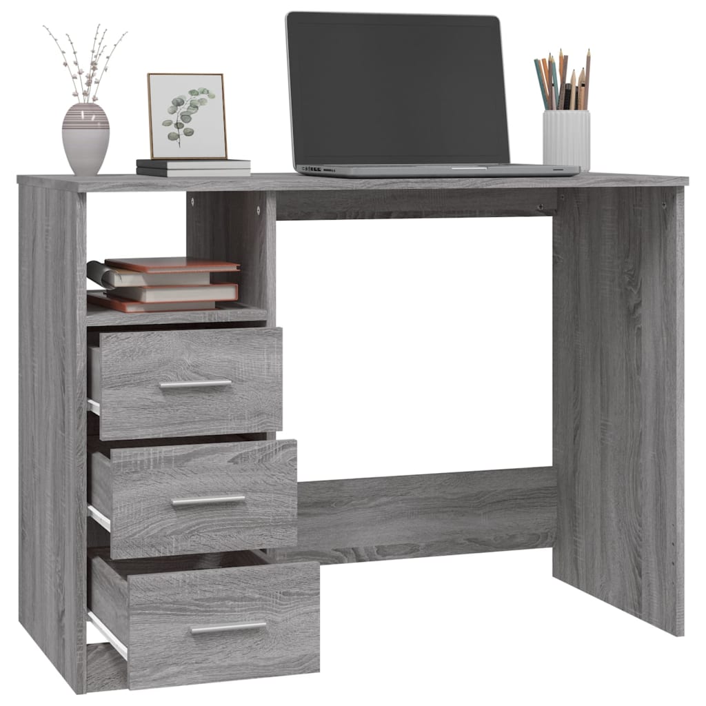 skrivebord m. skuffer 102x50x76cm konstrueret træ grå sonoma-eg