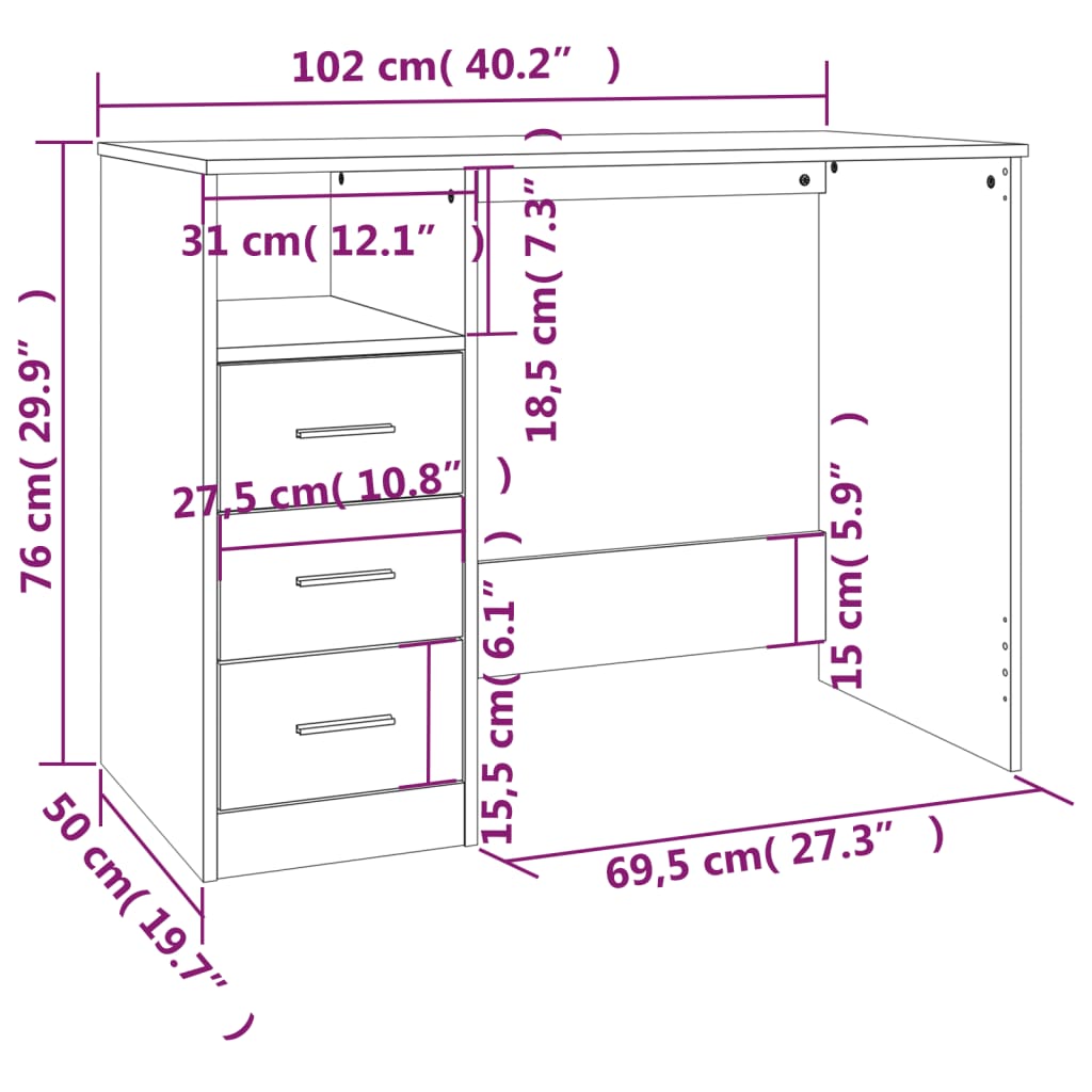 skrivebord m. skuffer 102x50x76cm konstrueret træ grå sonoma-eg