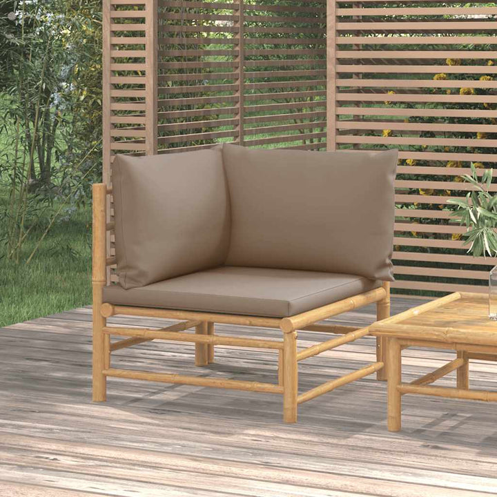 hjørnemodul til havesofa med gråbrune hynder bambus