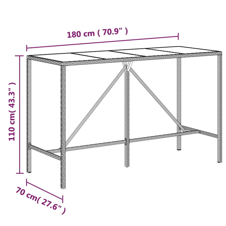 barbord med glasplade 180x70x110 cm polyrattan brun