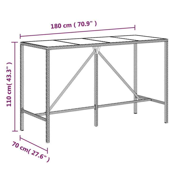 barbord med glasplade 180x70x110 cm polyrattan sort