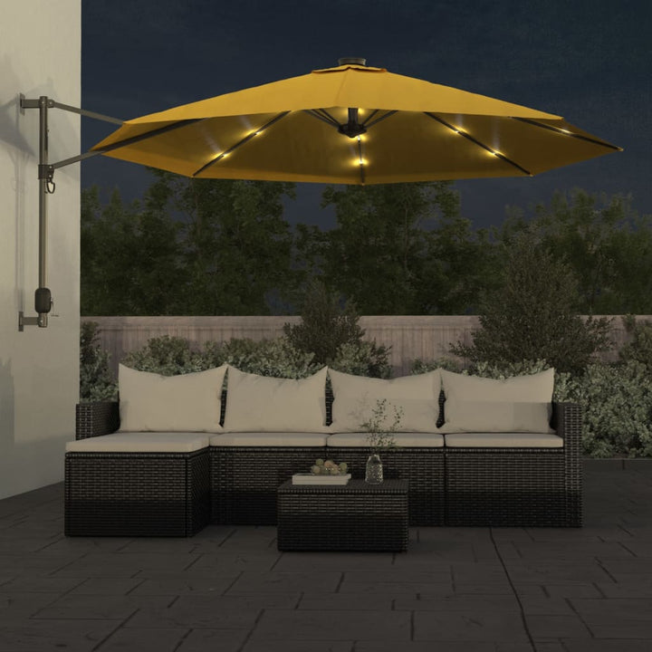væghængt parasol med LED-lys 290 cm gul