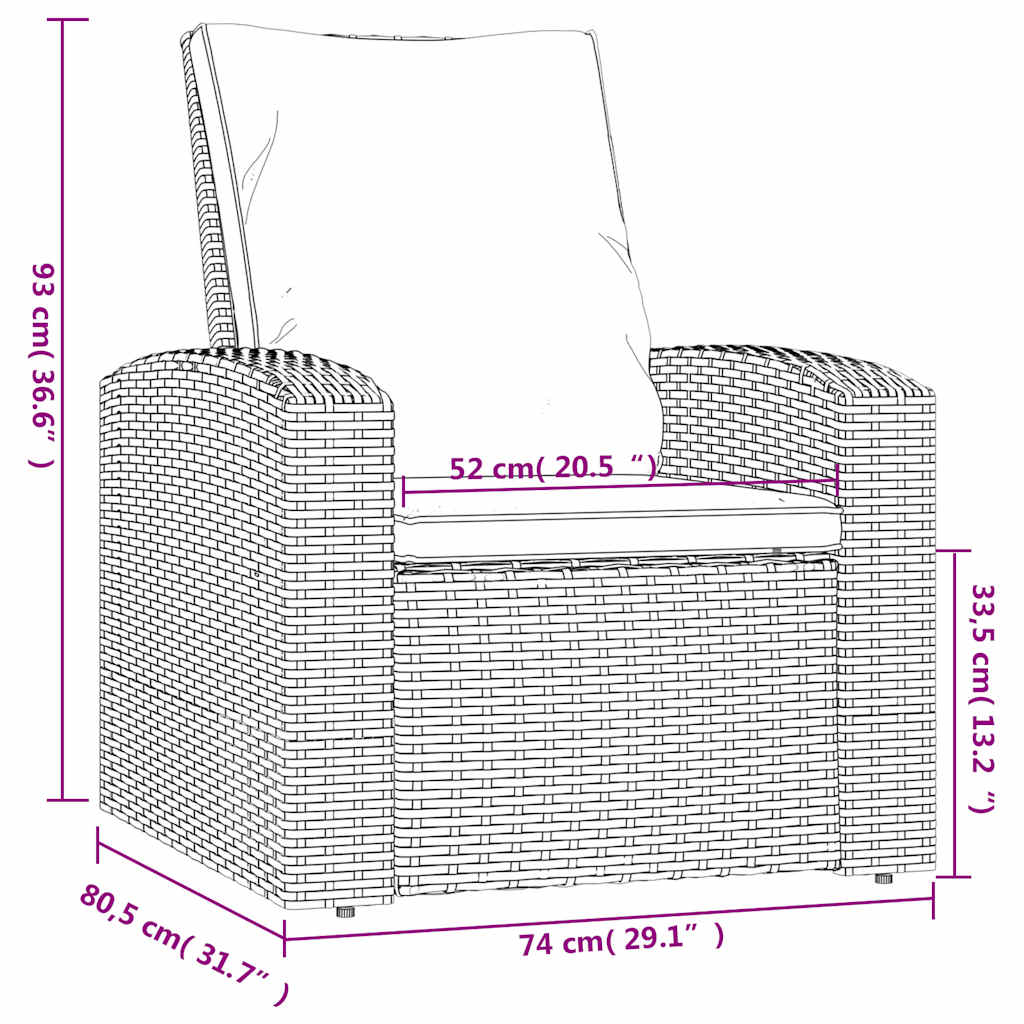 positionsstol med hynder polyrattan lysebrun