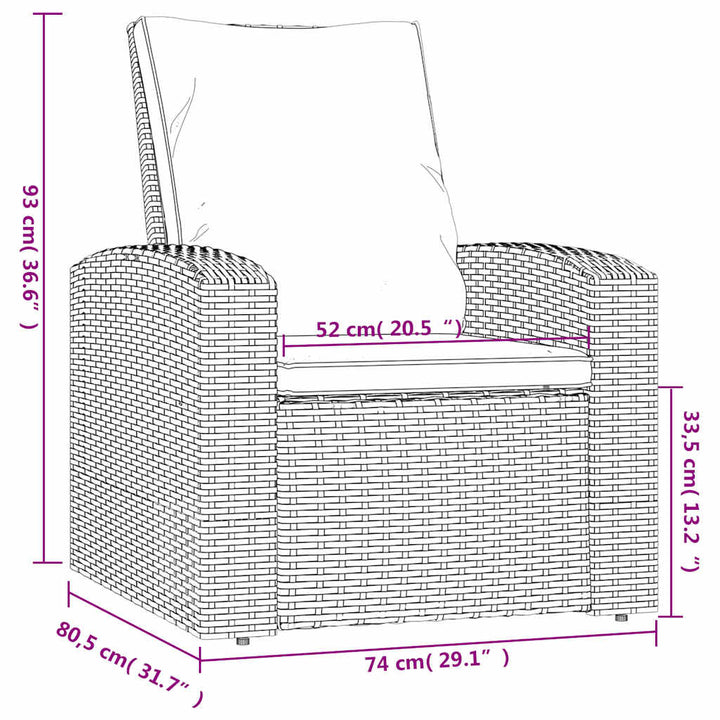 positionsstol med hynder polyrattan lysebrun