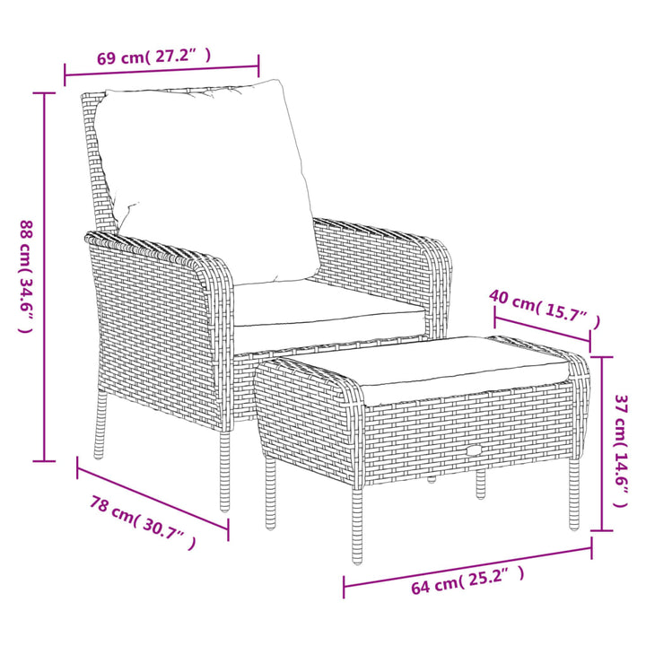 havestol med fodskammel polyrattan lysebrun
