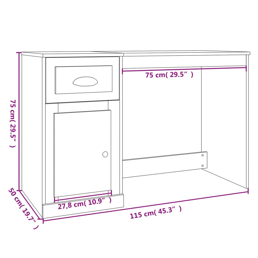 skrivebord m. skuffe 115x50x75 cm konstrueret træ grå sonoma-eg