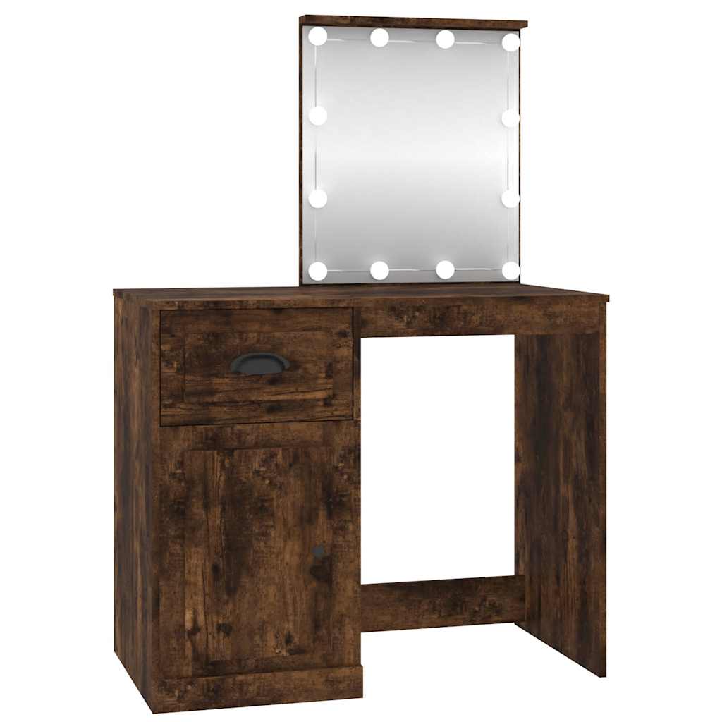 makeupbord med LED-lys 90x50x132,5 cm konstrueret træ røget eg